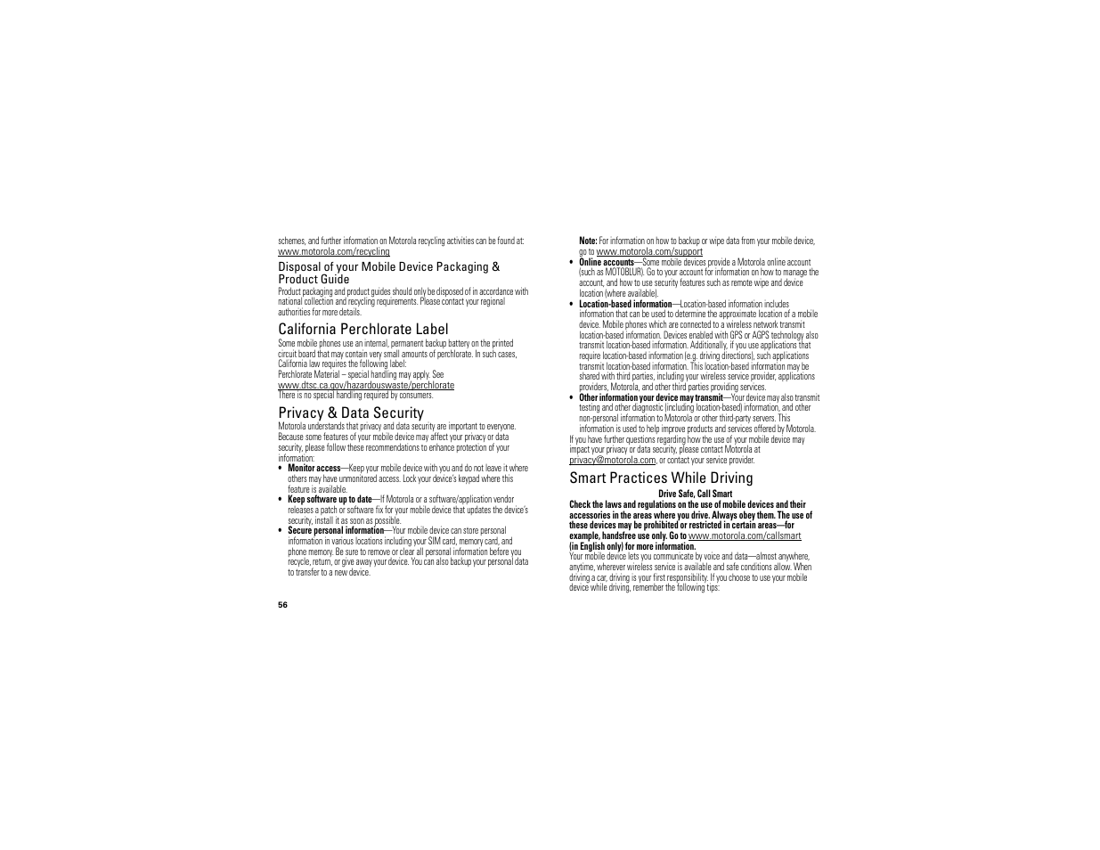 Perchlorate label, Privacy & data security, Driving safety | California perchlorate label, Smart practices while driving | Motorola BALI User Manual | Page 58 / 62