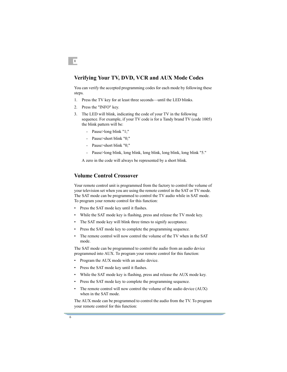 Verifying your tv, dvd, vcr and aux mode codes, Volume control crossover | Motorola DSR315 User Manual | Page 18 / 70