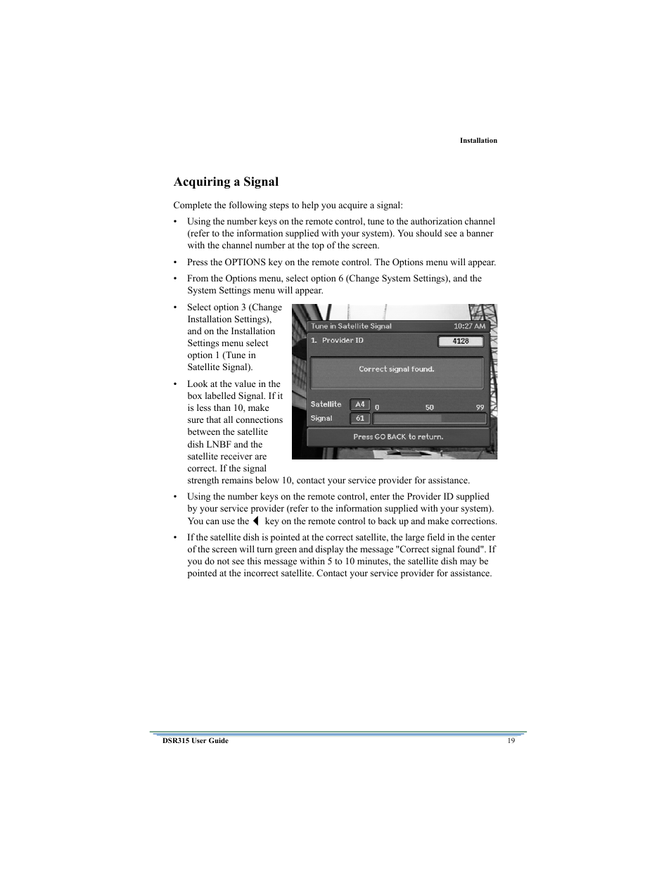 Acquiring a signal | Motorola DSR315 User Manual | Page 31 / 70