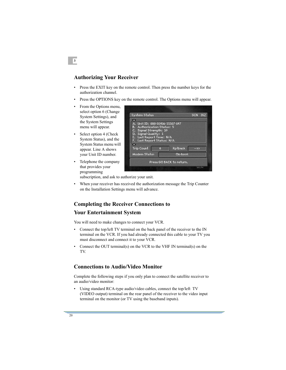 Authorizing your receiver, Connections to audio/video monitor | Motorola DSR315 User Manual | Page 32 / 70