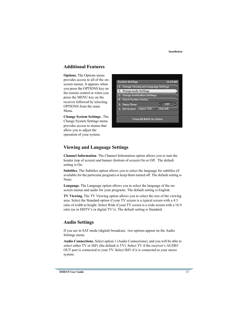 Additional features, Viewing and language settings, Audio settings | Motorola DSR315 User Manual | Page 35 / 70