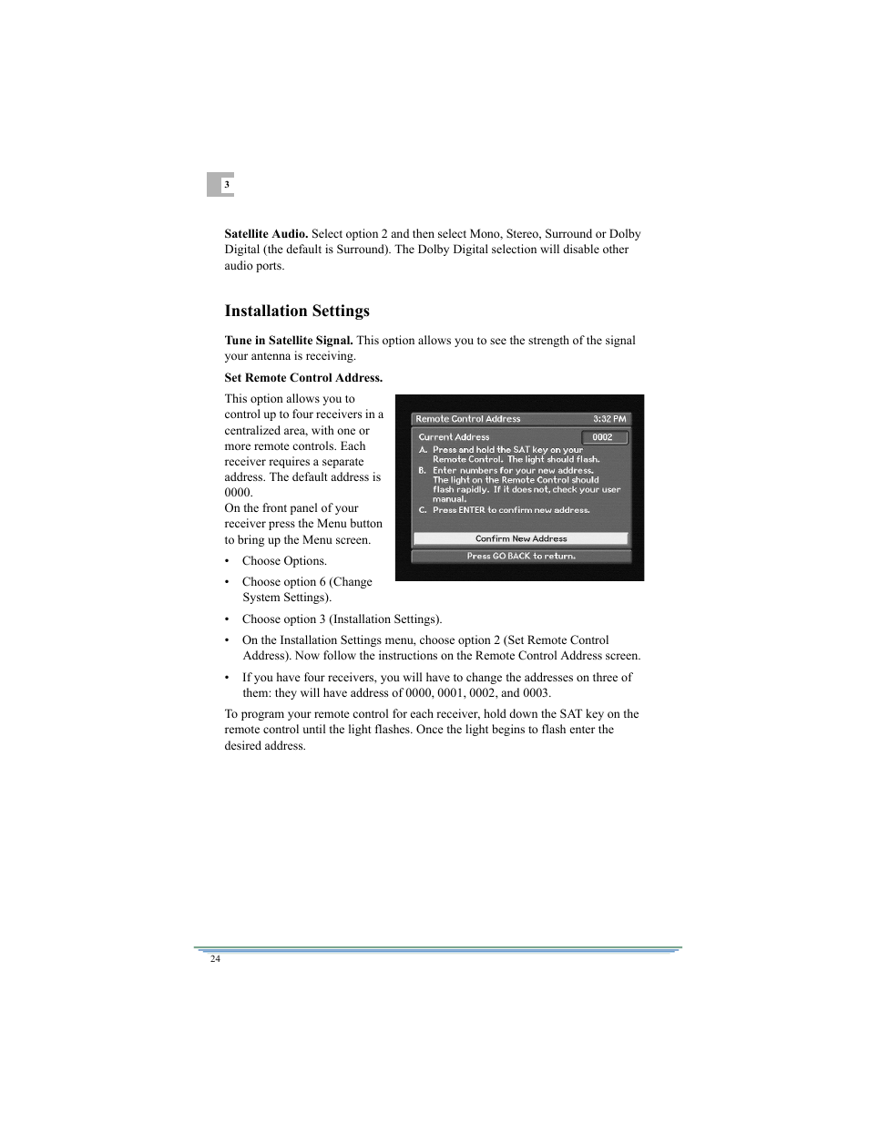 Installation settings | Motorola DSR315 User Manual | Page 36 / 70