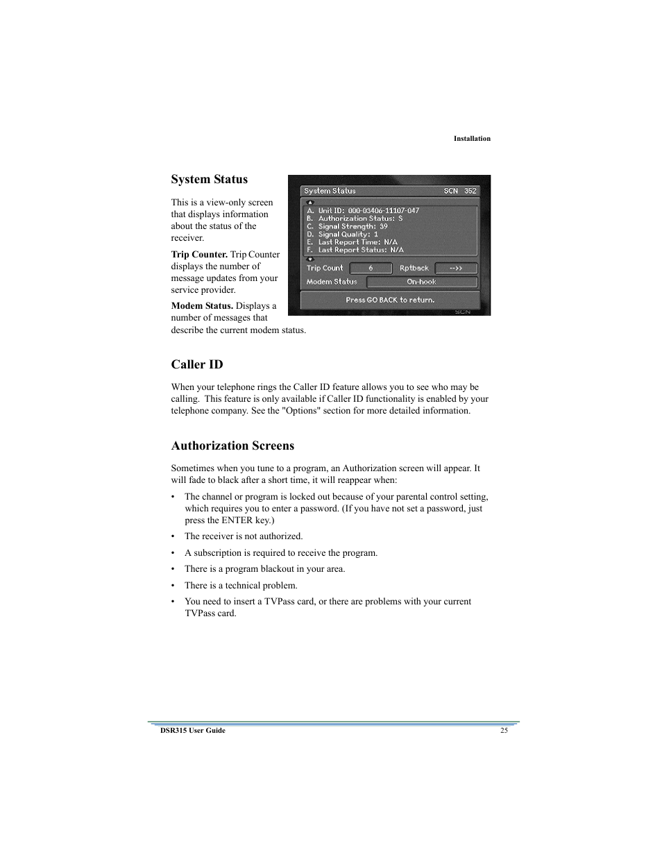 System status, Caller id, Authorization screens | Motorola DSR315 User Manual | Page 37 / 70