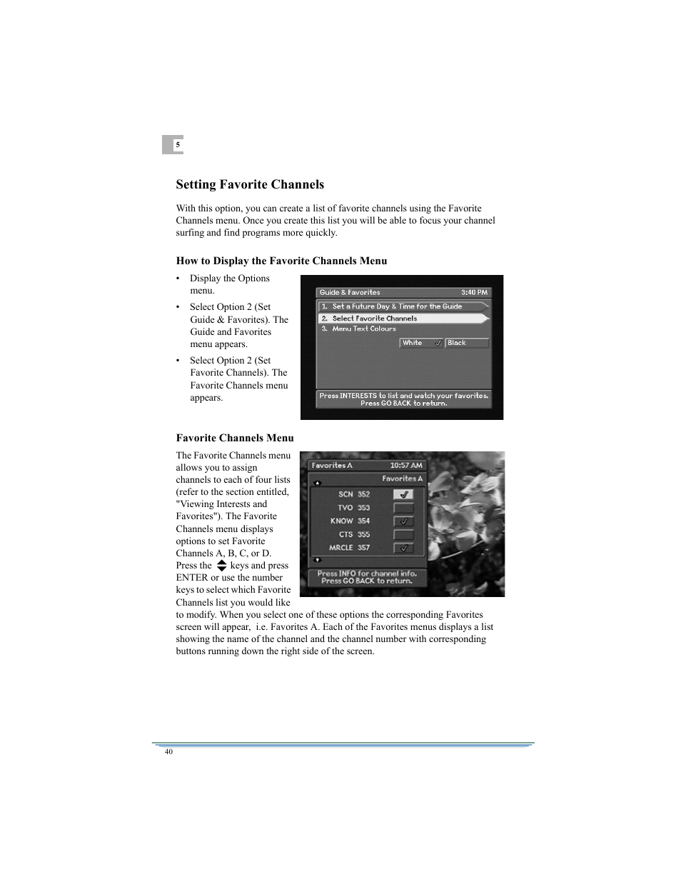 Setting favorite channels | Motorola DSR315 User Manual | Page 52 / 70