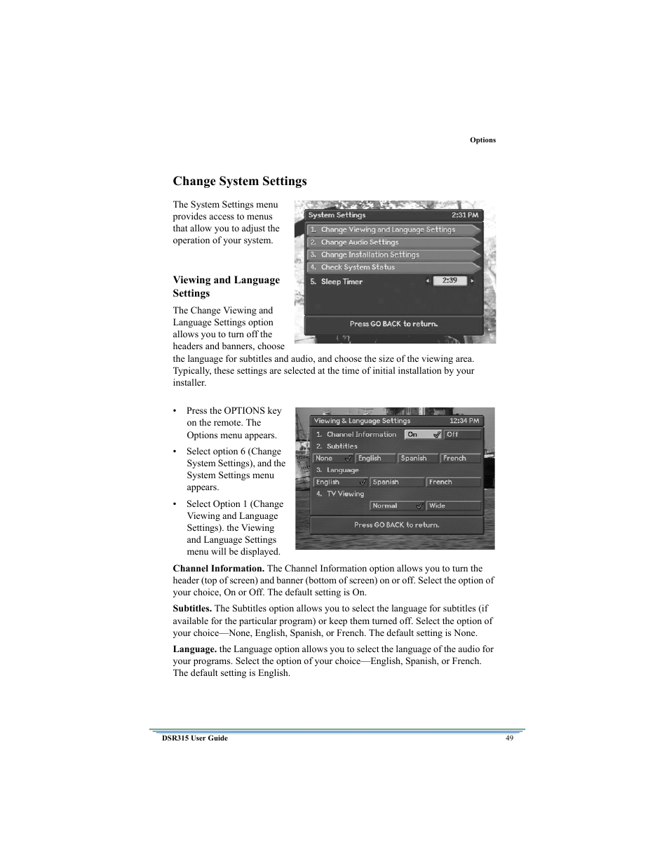 Change system settings | Motorola DSR315 User Manual | Page 61 / 70