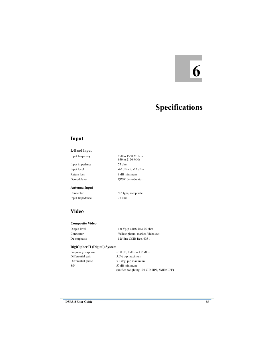 Specifications, Input, Video | Motorola DSR315 User Manual | Page 67 / 70