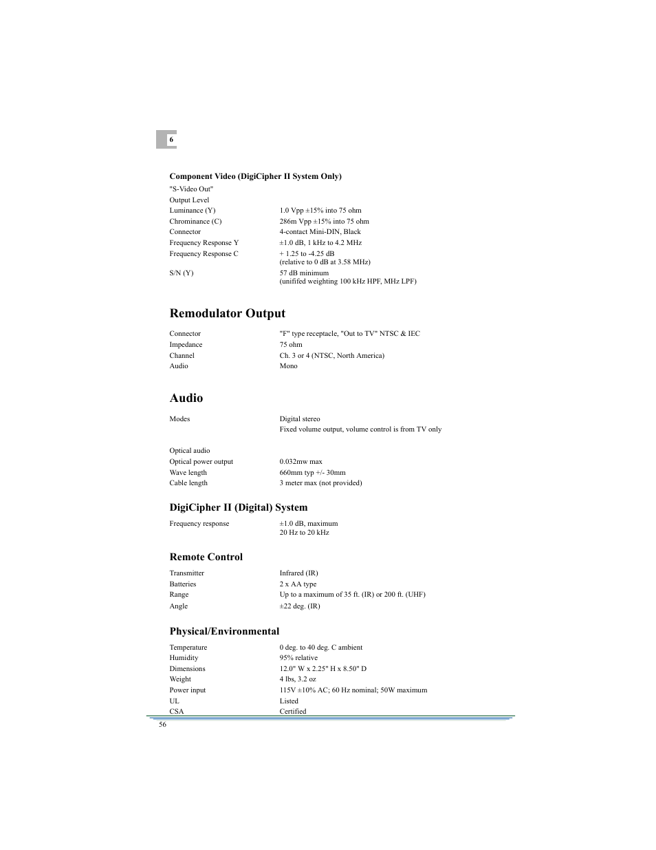 Remodulator output, Audio, Digicipher ii (digital) system | Remote control, Physical/environmental | Motorola DSR315 User Manual | Page 68 / 70