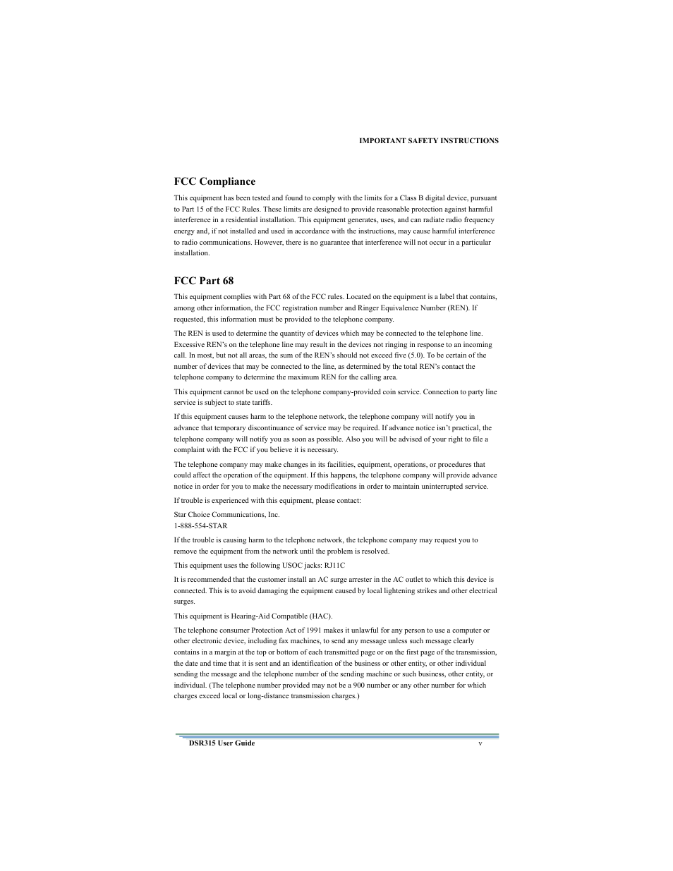 Fcc compliance, Fcc part 68 | Motorola DSR315 User Manual | Page 7 / 70