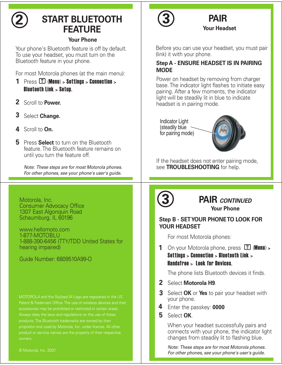 Start bluetooth feature, Pair | Motorola UNIVERSAL BLUETOOTH H9 User Manual | Page 2 / 6