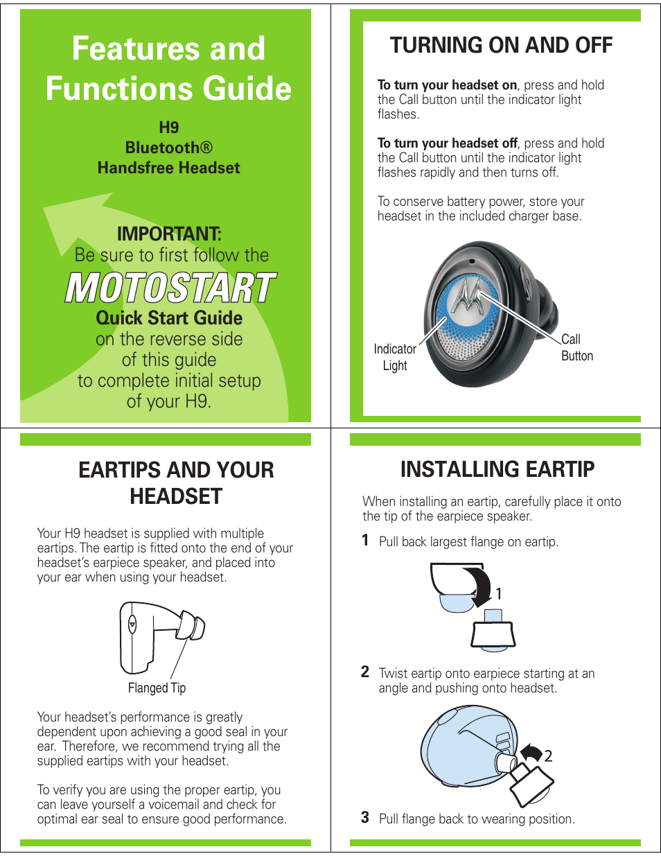 Features and functions guide, Turning on and off, Eartips and your headset | Installing eartip | Motorola UNIVERSAL BLUETOOTH H9 User Manual | Page 4 / 6