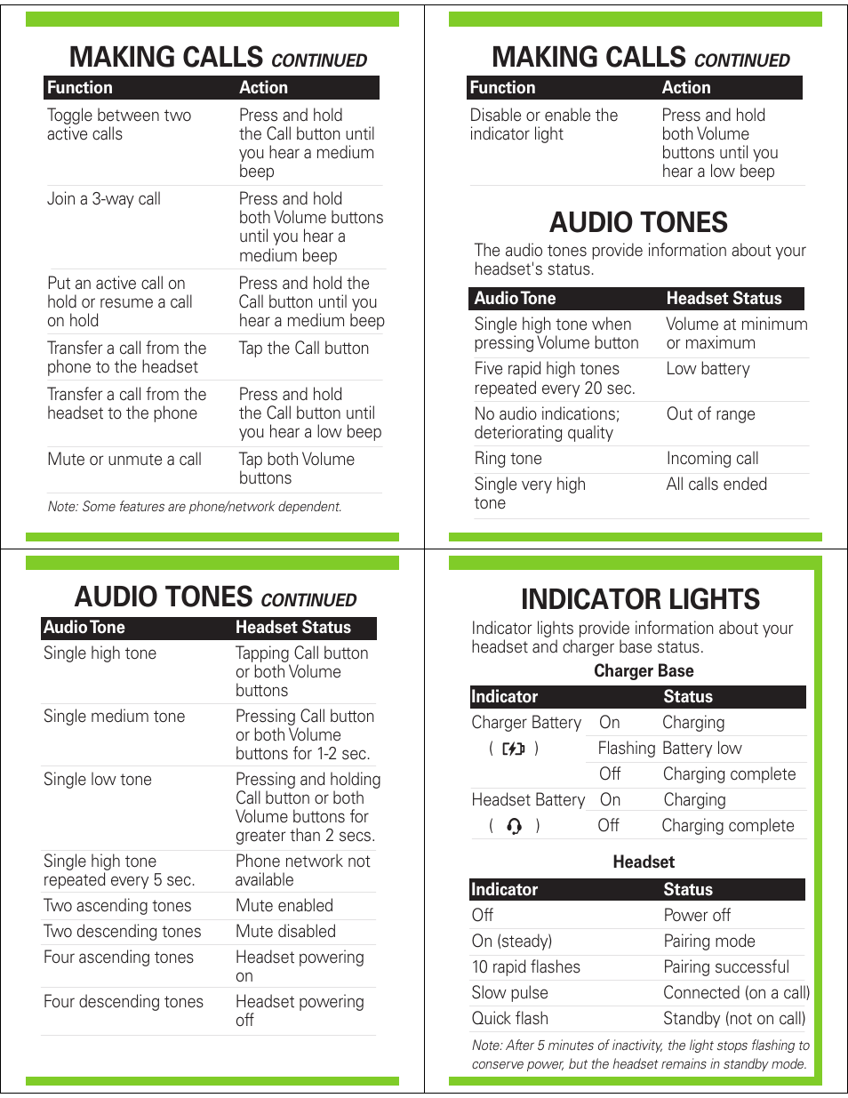 Making calls, Audio tones, Indicator lights | Motorola UNIVERSAL BLUETOOTH H9 User Manual | Page 6 / 6