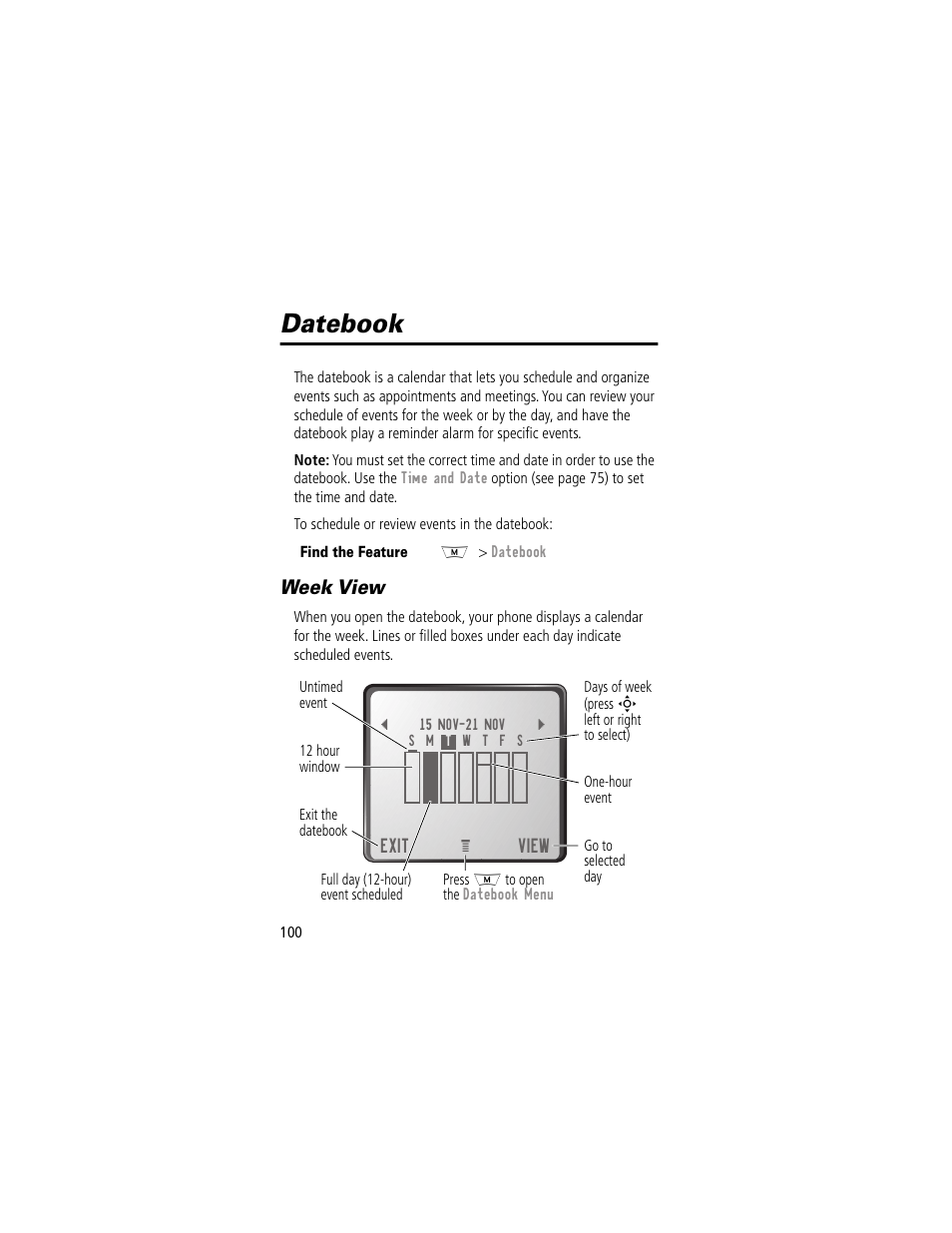 Datebook, Week view | Motorola 280 User Manual | Page 102 / 222