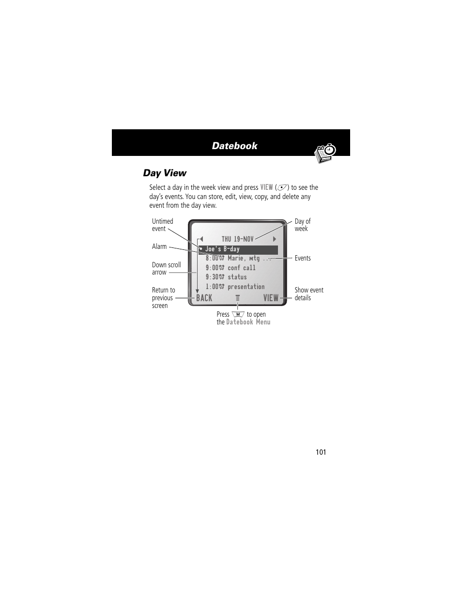 Day view, Datebook day view | Motorola 280 User Manual | Page 103 / 222