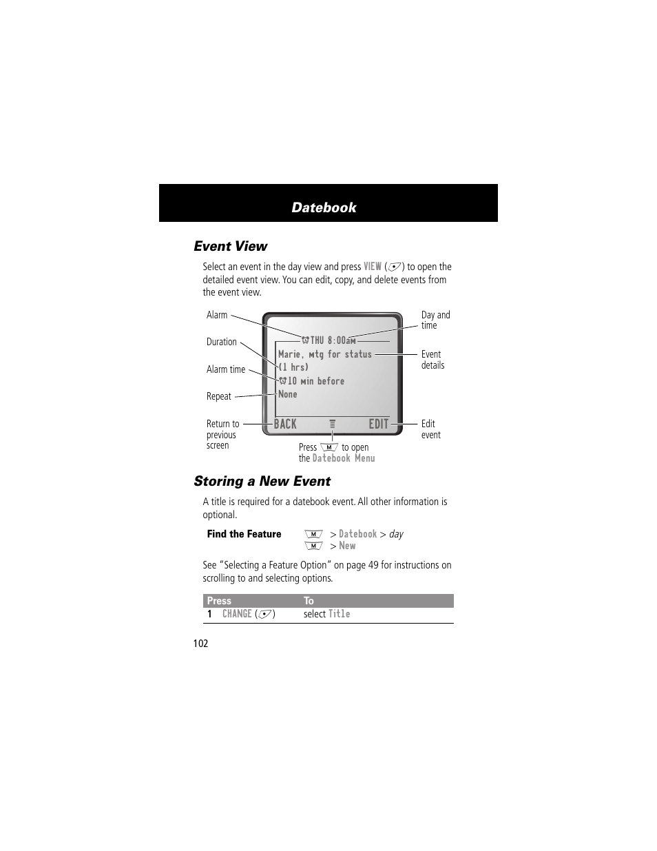 Event view, Storing a new event, Event view storing a new event | Datebook | Motorola 280 User Manual | Page 104 / 222