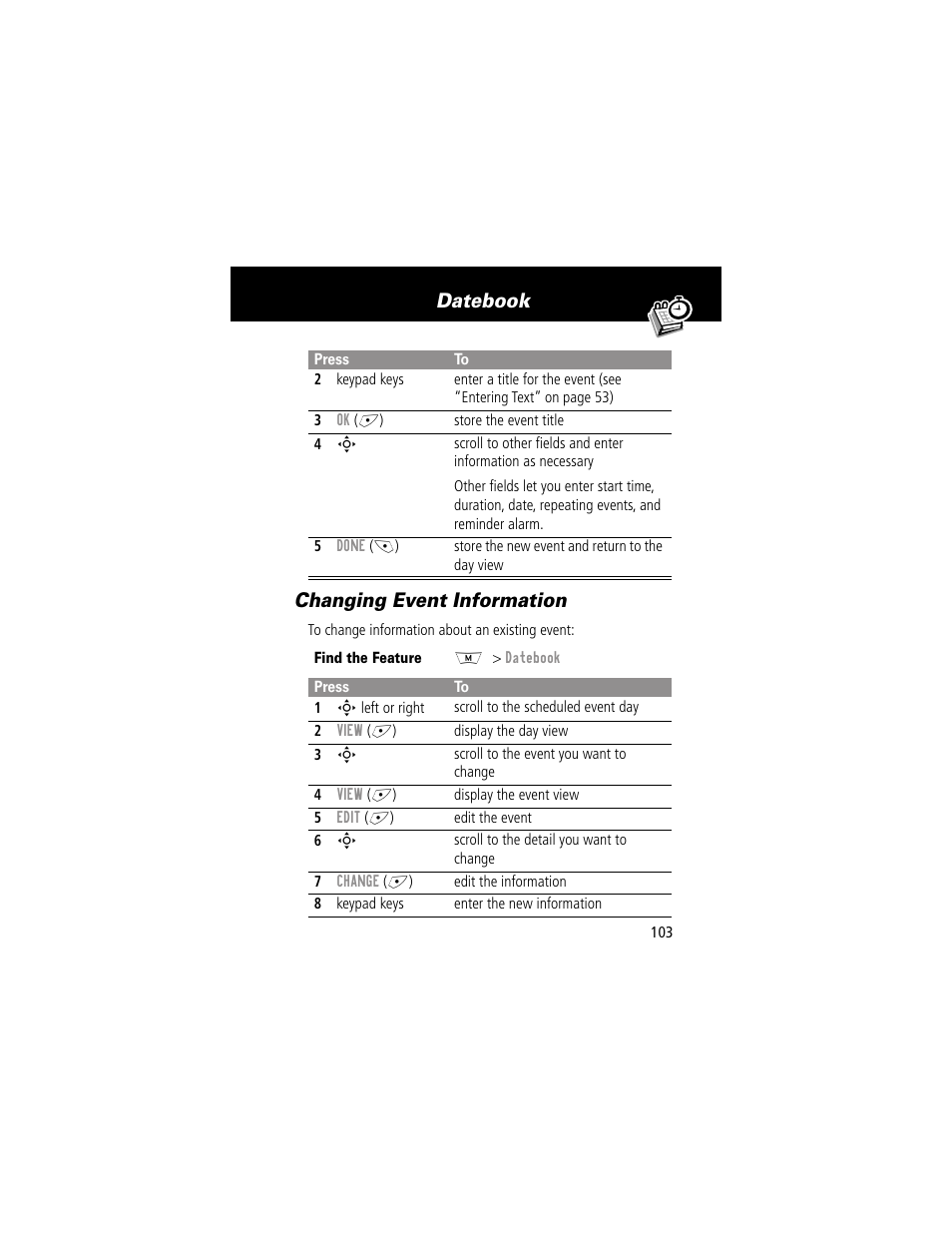 Changing event information, Datebook changing event information | Motorola 280 User Manual | Page 105 / 222