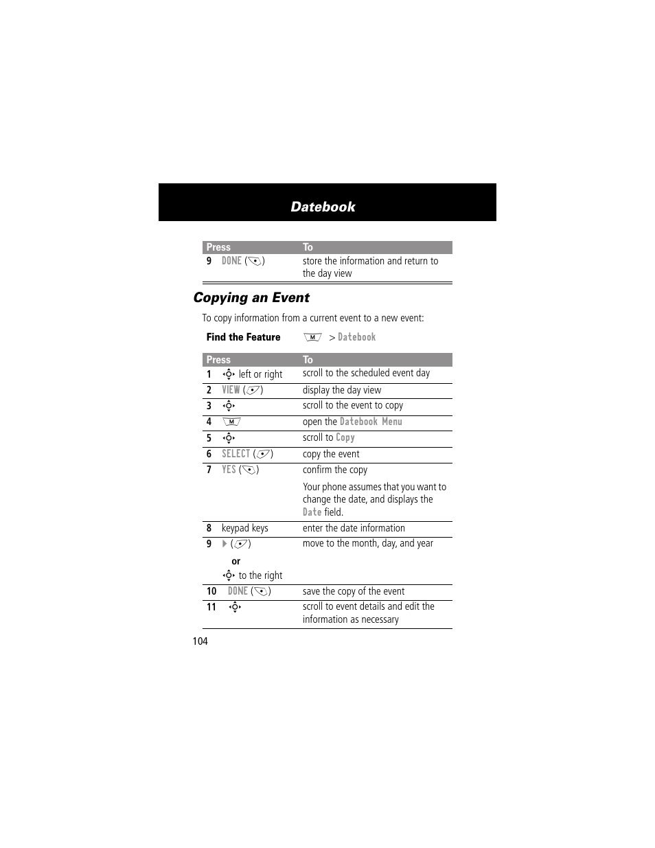 Copying an event, Datebook | Motorola 280 User Manual | Page 106 / 222