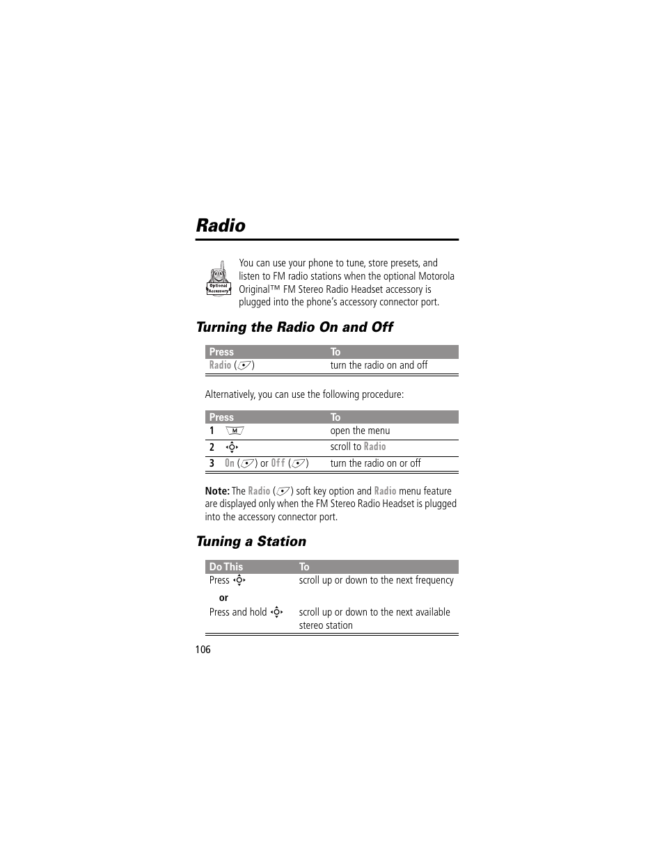 Radio, Turning the radio on and off, Tuning a station | Turning the radio on and off tuning a station | Motorola 280 User Manual | Page 108 / 222