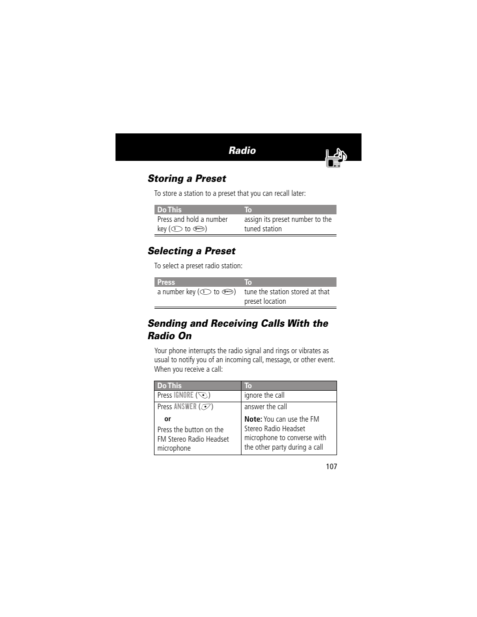 Storing a preset, Selecting a preset, Sending and receiving calls with the radio on | Radio storing a preset | Motorola 280 User Manual | Page 109 / 222