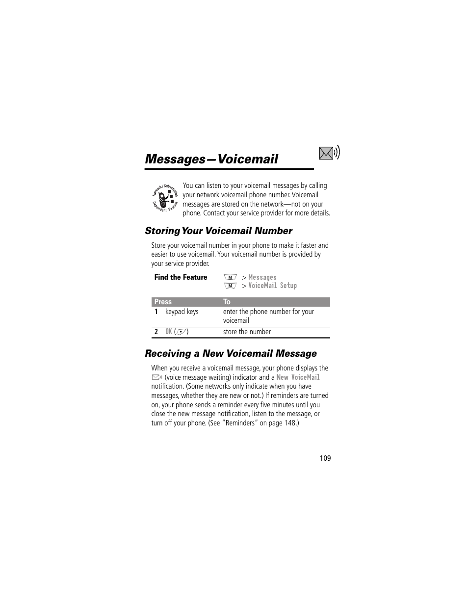 Messages—voicemail, Storing your voicemail number, Receiving a new voicemail message | Motorola 280 User Manual | Page 111 / 222