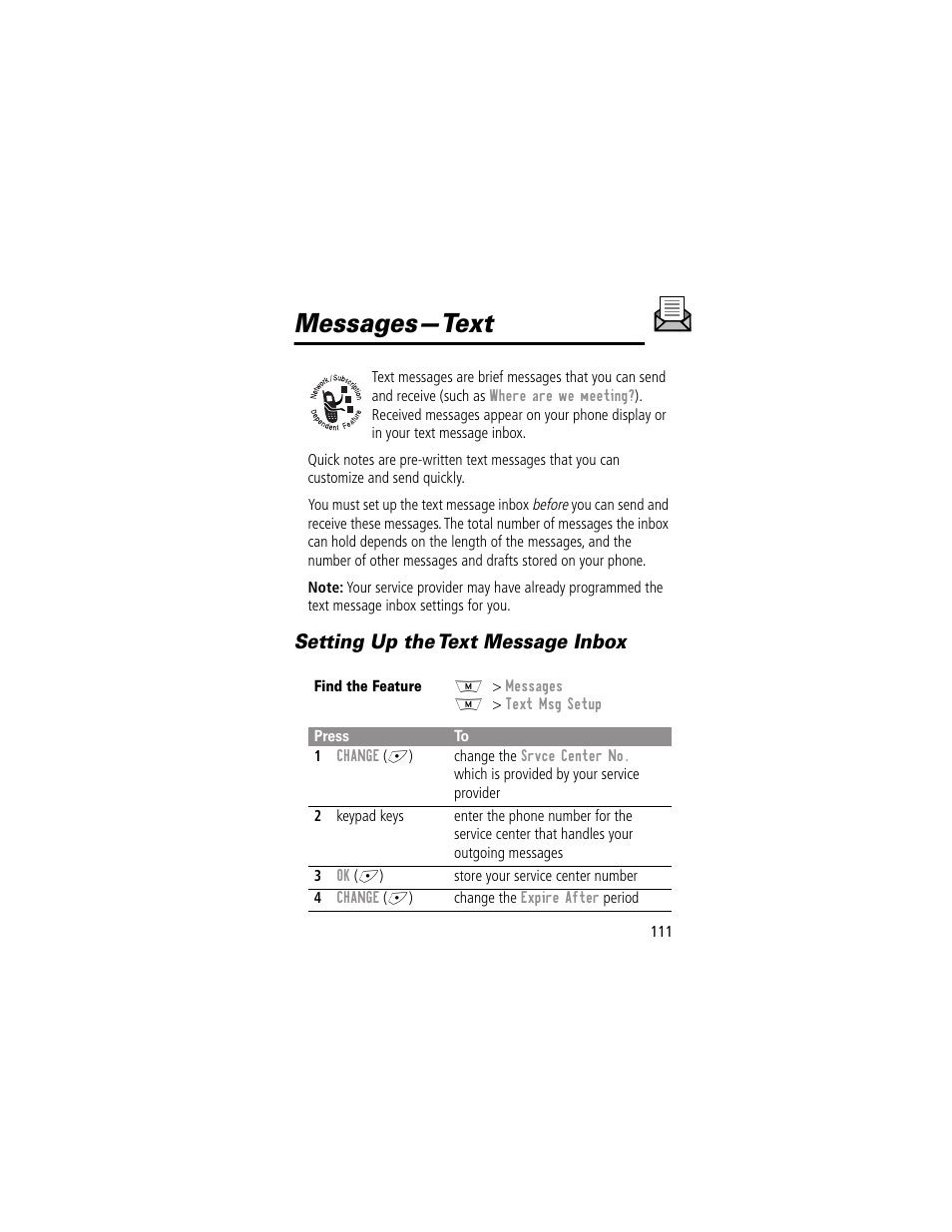 Messages—text, Setting up the text message inbox | Motorola 280 User Manual | Page 113 / 222