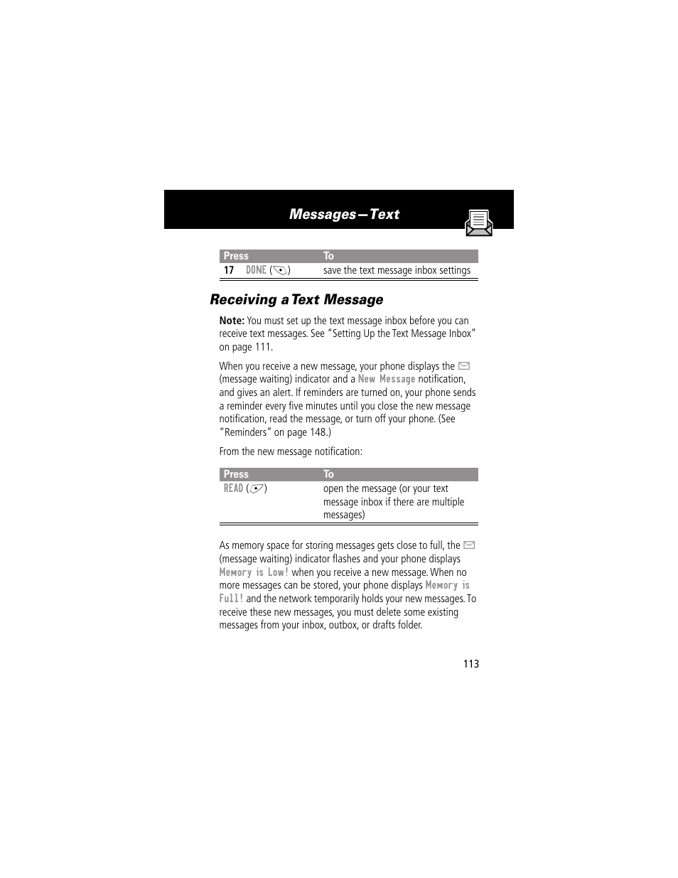 Receiving a text message, Messages—text receiving a text message | Motorola 280 User Manual | Page 115 / 222