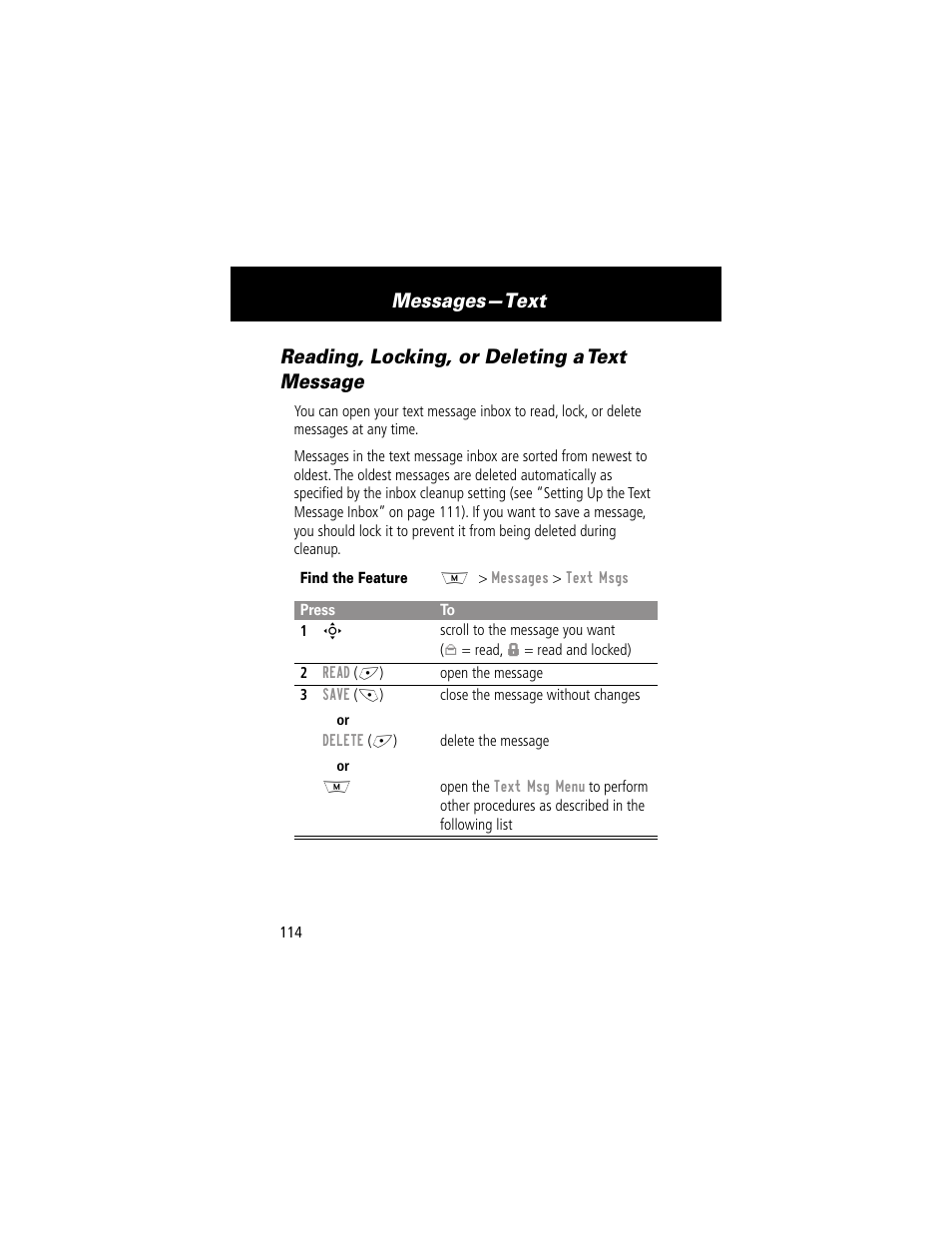 Reading, locking, or deleting a text message, Messages—text | Motorola 280 User Manual | Page 116 / 222