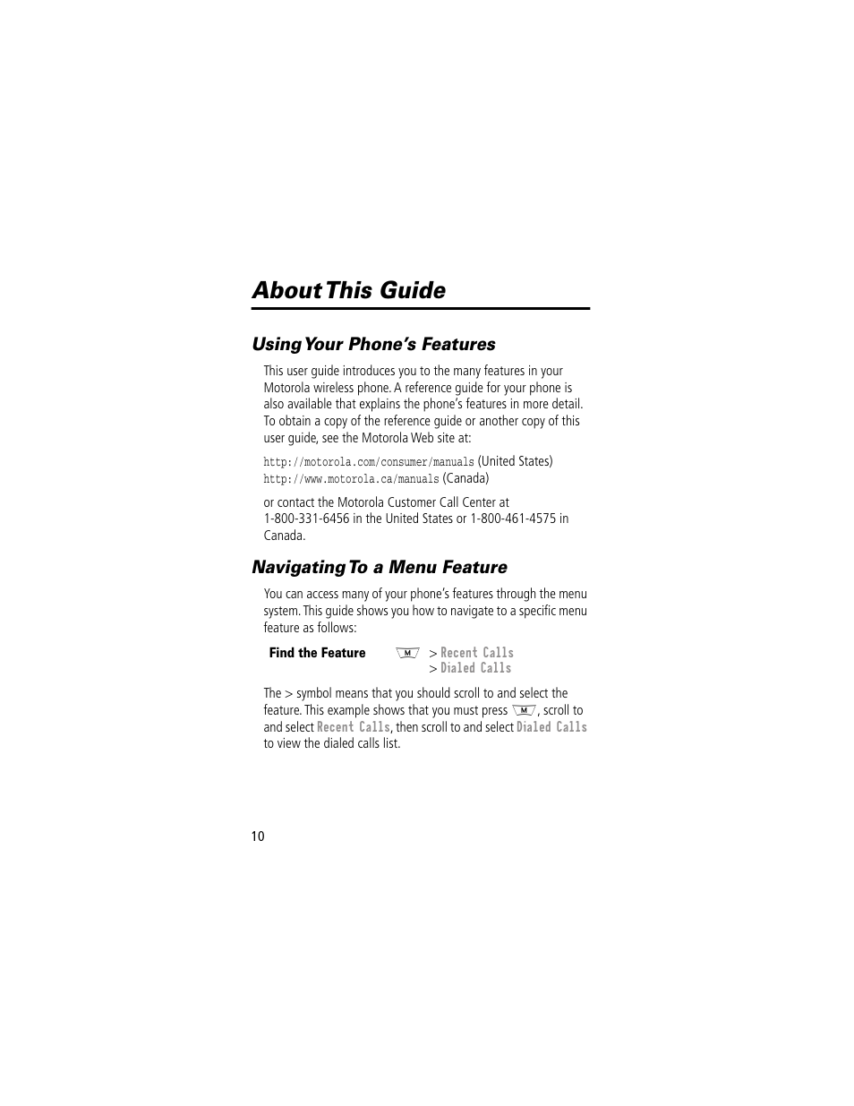 About this guide, Using your phone’s features, Navigating to a menu feature | Motorola 280 User Manual | Page 12 / 222