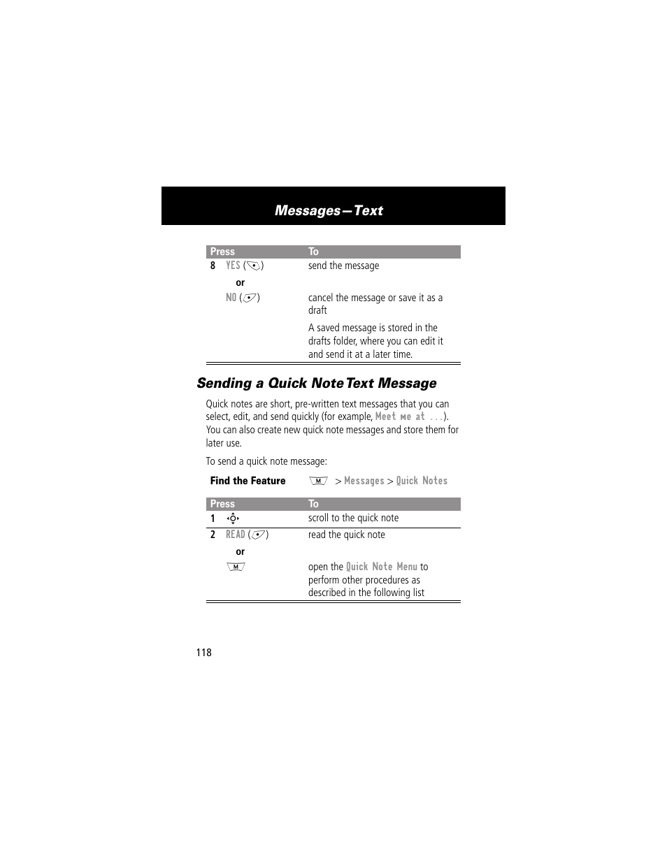 Sending a quick note text message, Messages—text | Motorola 280 User Manual | Page 120 / 222