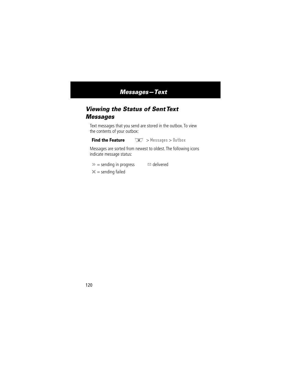 Viewing the status of sent text messages, Messages—text | Motorola 280 User Manual | Page 122 / 222