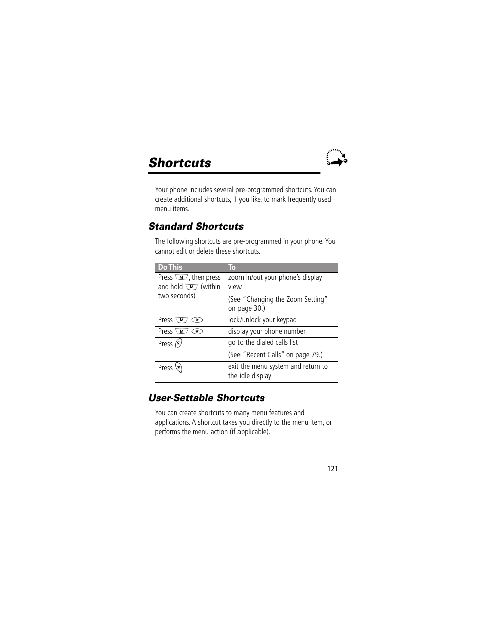 Shortcuts, Standard shortcuts, Usersettable shortcuts | Standard shortcuts user-settable shortcuts, User-settable shortcuts | Motorola 280 User Manual | Page 123 / 222