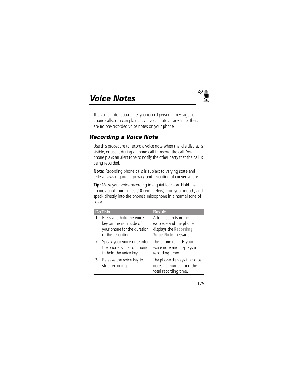 Voice notes, Recording a voice note | Motorola 280 User Manual | Page 127 / 222