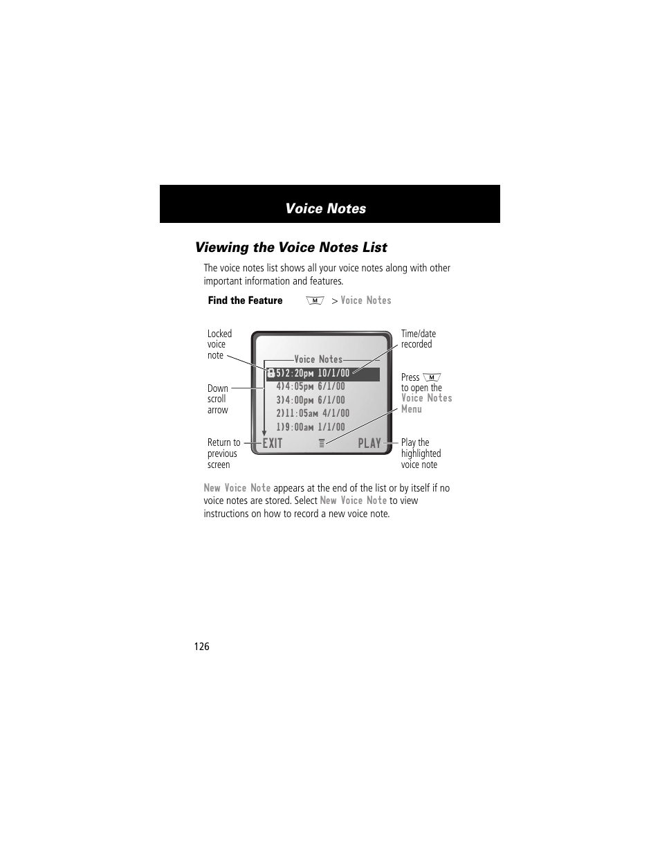 Viewing the voice notes list | Motorola 280 User Manual | Page 128 / 222