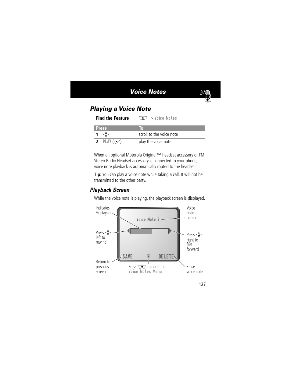 Playing a voice note | Motorola 280 User Manual | Page 129 / 222