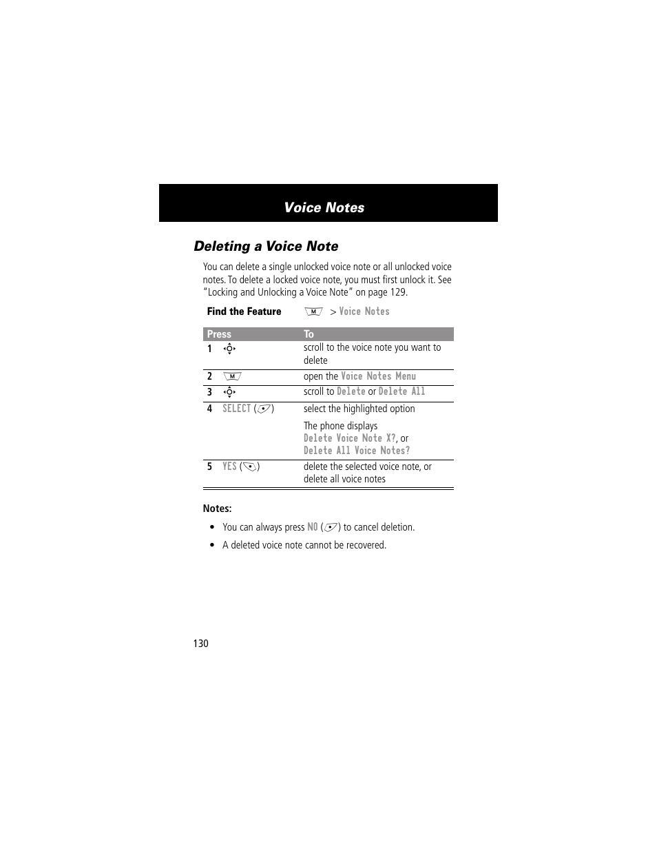 Deleting a voice note | Motorola 280 User Manual | Page 132 / 222