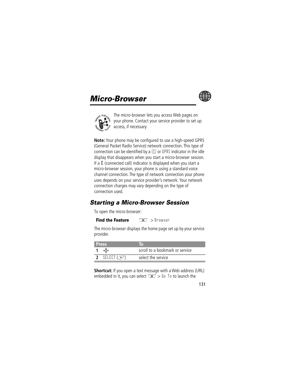 Microbrowser, Starting a microbrowser session, Micro-browser | Starting a micro-browser session | Motorola 280 User Manual | Page 133 / 222