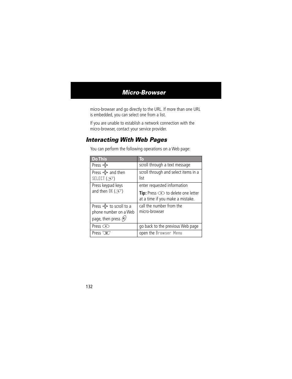 Micro-browser, Interacting with web pages | Motorola 280 User Manual | Page 134 / 222