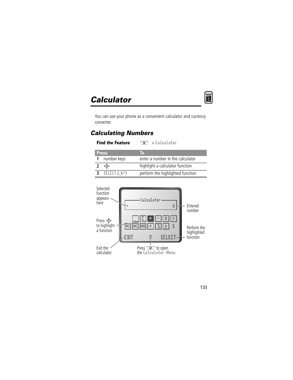 Calculator, Calculating numbers | Motorola 280 User Manual | Page 135 / 222