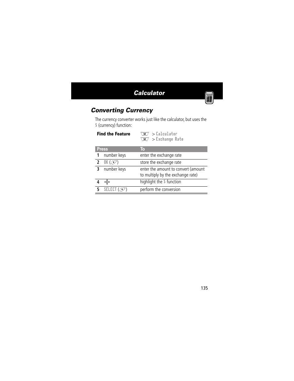 Converting currency, Calculator converting currency | Motorola 280 User Manual | Page 137 / 222