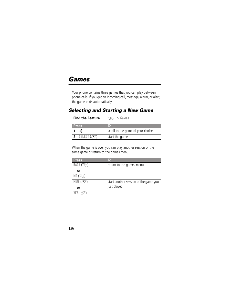 Games, Selecting and starting a new game | Motorola 280 User Manual | Page 138 / 222