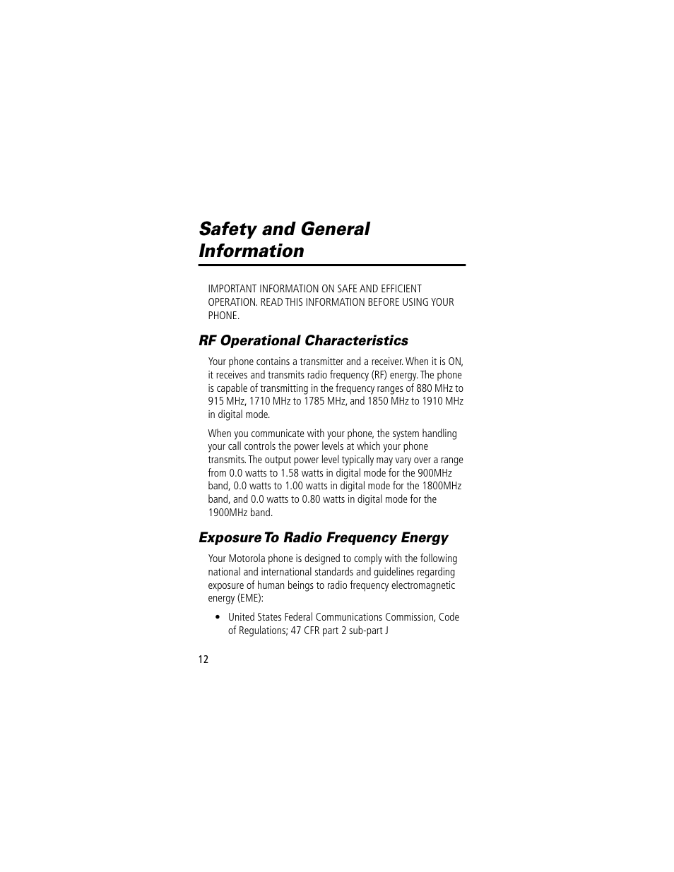 Safety and general information, Safety and general, Information | Motorola 280 User Manual | Page 14 / 222