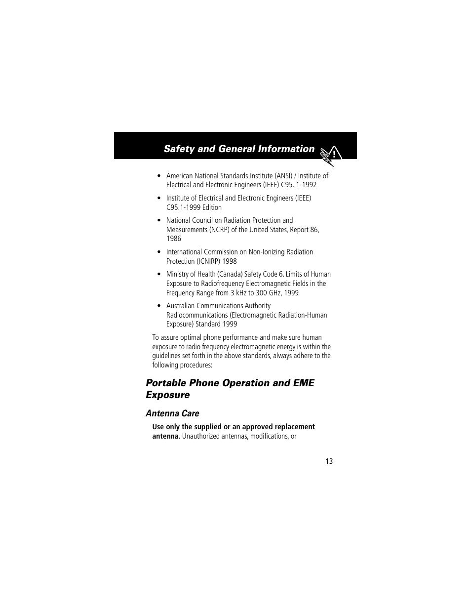 Safety and general information, Portable phone operation and eme exposure | Motorola 280 User Manual | Page 15 / 222