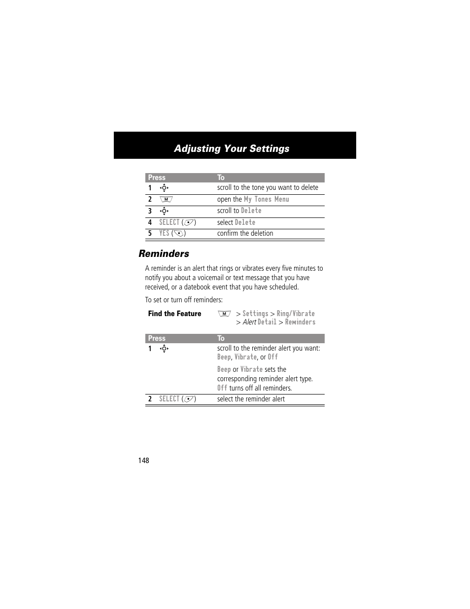 Reminders, Adjusting your settings | Motorola 280 User Manual | Page 150 / 222