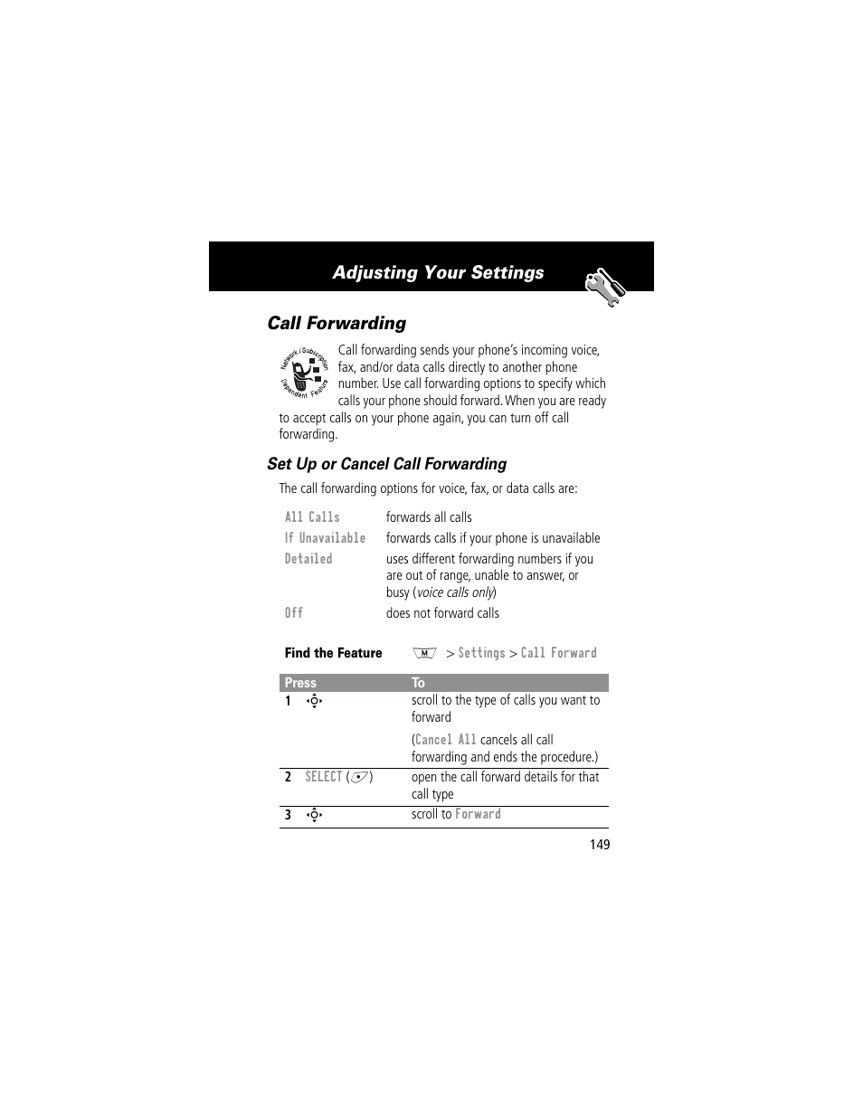 Call forwarding, Adjusting your settings call forwarding | Motorola 280 User Manual | Page 151 / 222