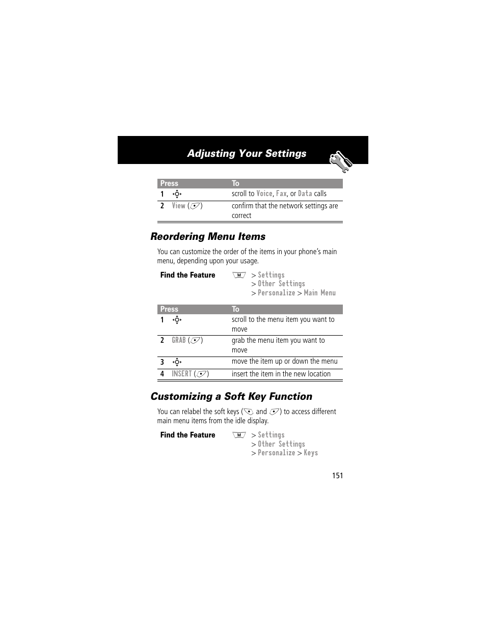 Reordering menu items, Customizing a soft key function, Adjusting your settings reordering menu items | Motorola 280 User Manual | Page 153 / 222