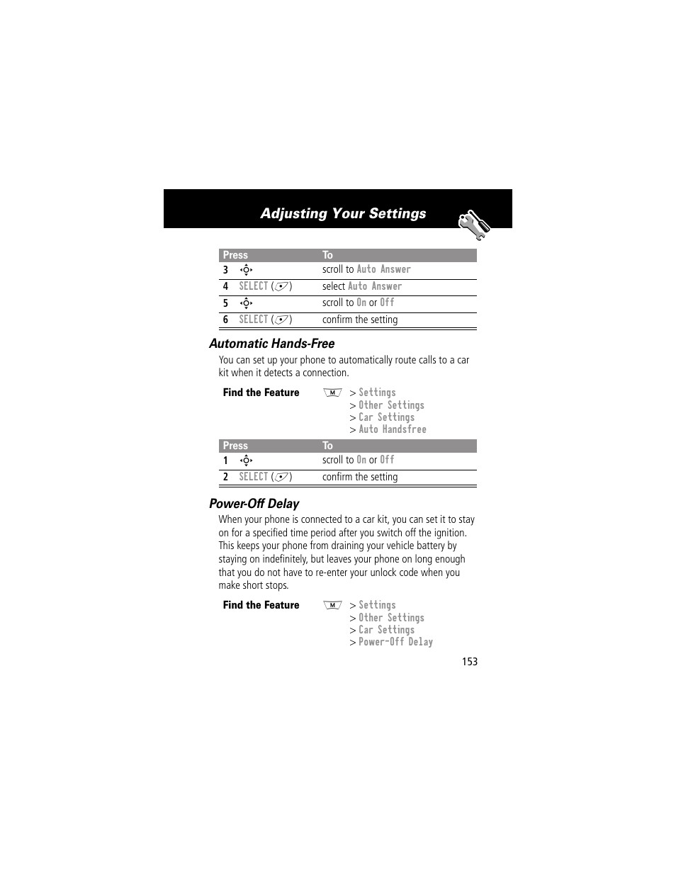 Adjusting your settings | Motorola 280 User Manual | Page 155 / 222