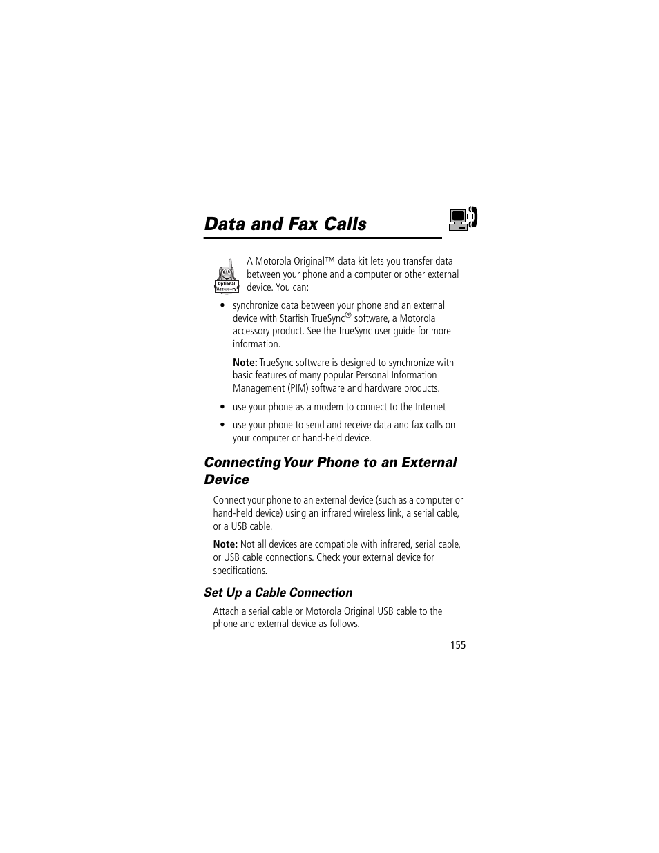 Data and fax calls, Connecting your phone to an external device | Motorola 280 User Manual | Page 157 / 222