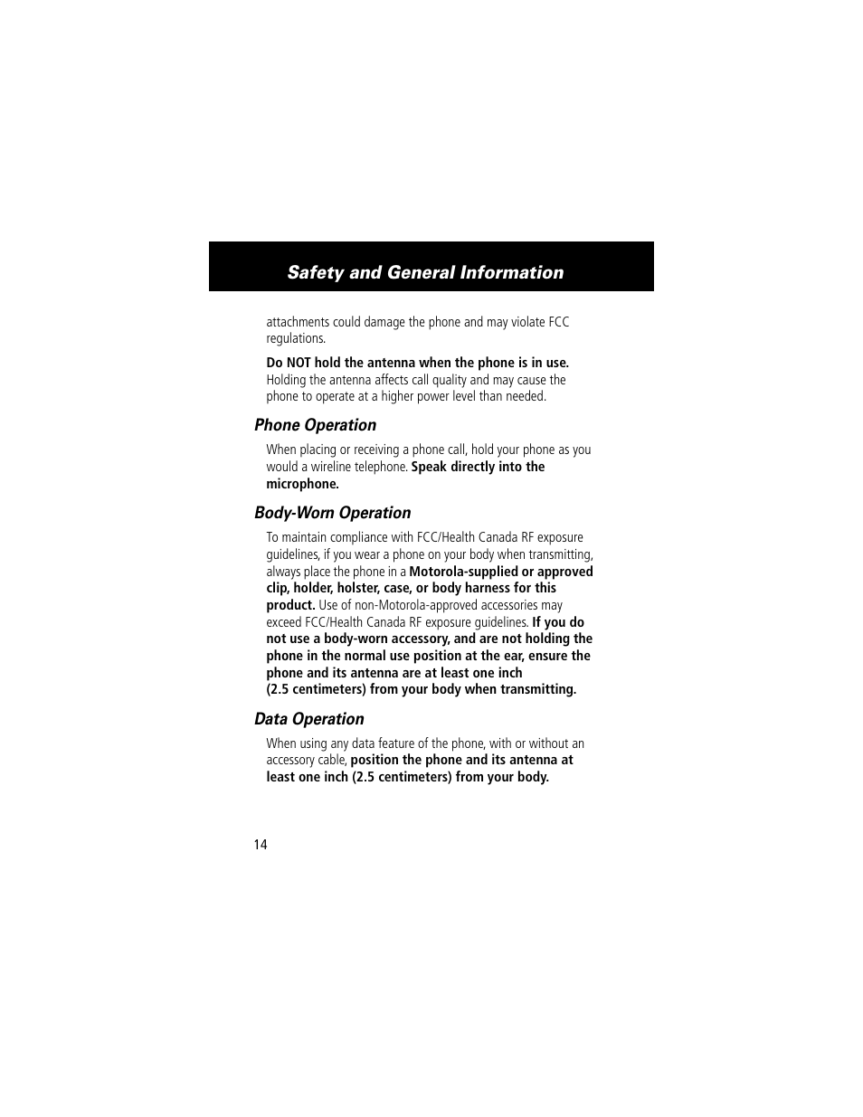 Safety and general information | Motorola 280 User Manual | Page 16 / 222