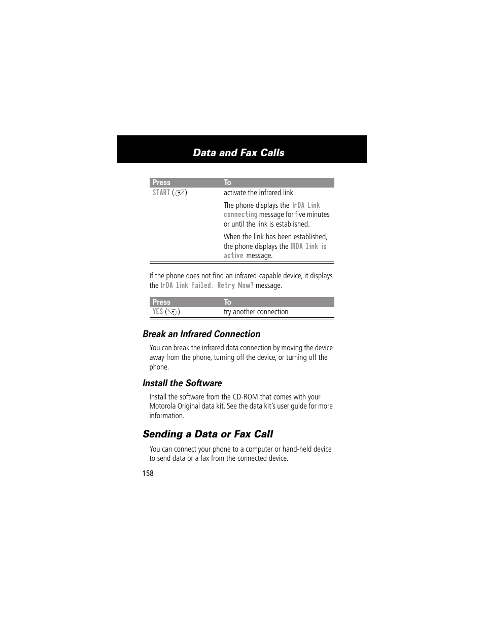 Sending a data or fax call, Data and fax calls | Motorola 280 User Manual | Page 160 / 222