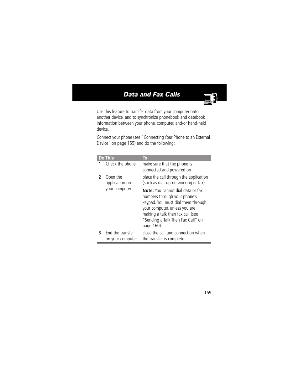 Data and fax calls | Motorola 280 User Manual | Page 161 / 222