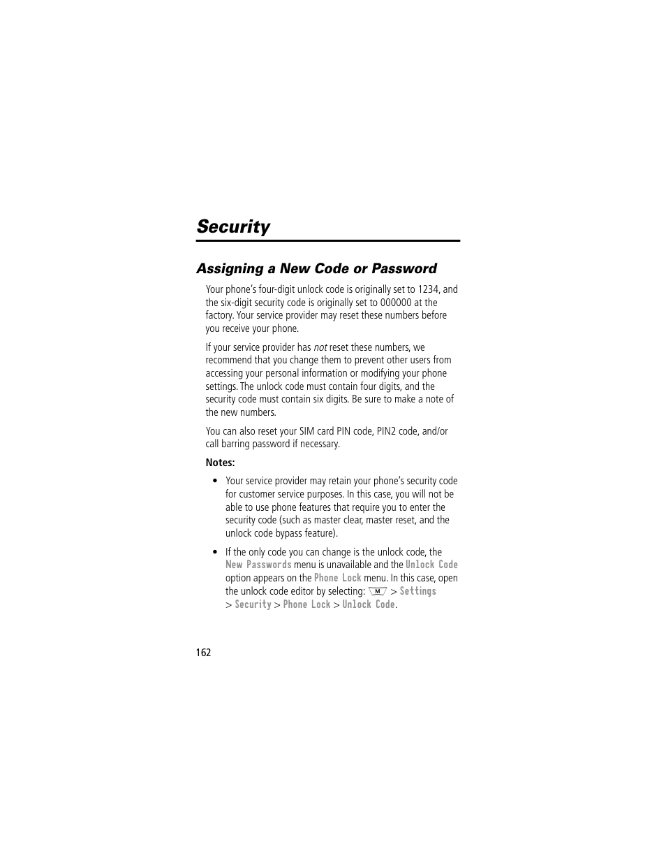 Security, Assigning a new code or password | Motorola 280 User Manual | Page 164 / 222